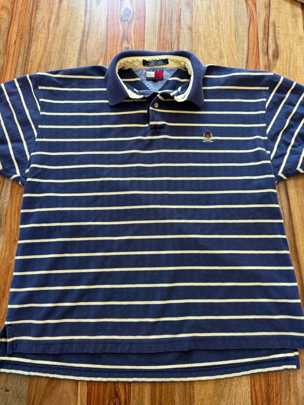 Vintage 90s Tommy Hilfiger Striped Polo Shirt Size L Blue Yellow